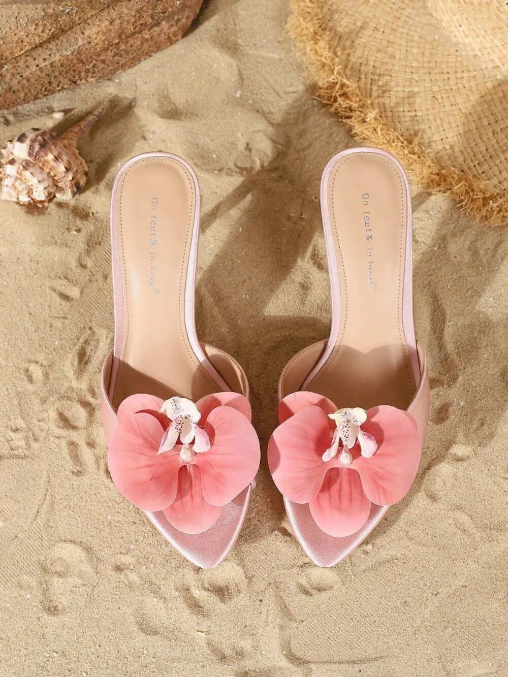 Pink Women'sElegant Flower Decor Satin Open-Toe High Heel Mules Sandals - Picture 6 of 7